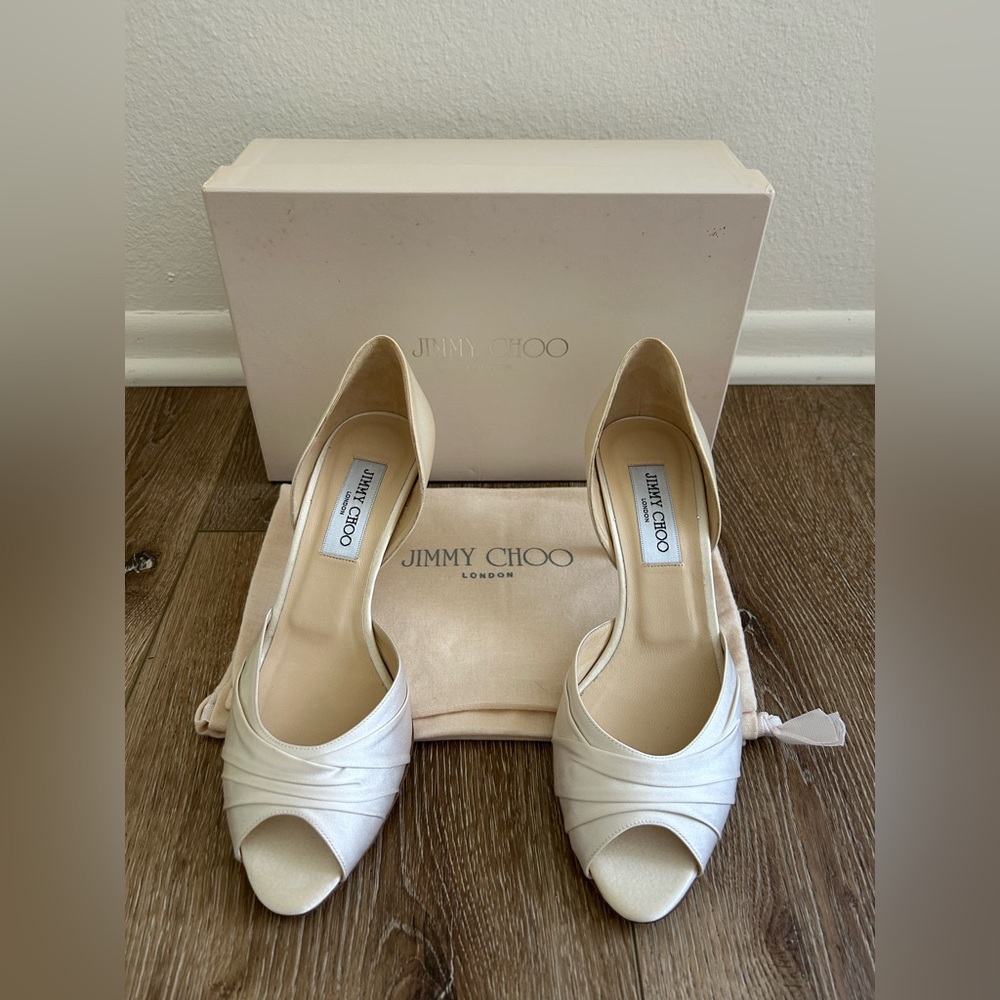 Jimmy Choo Ivory Satin Peep-Toe Heels